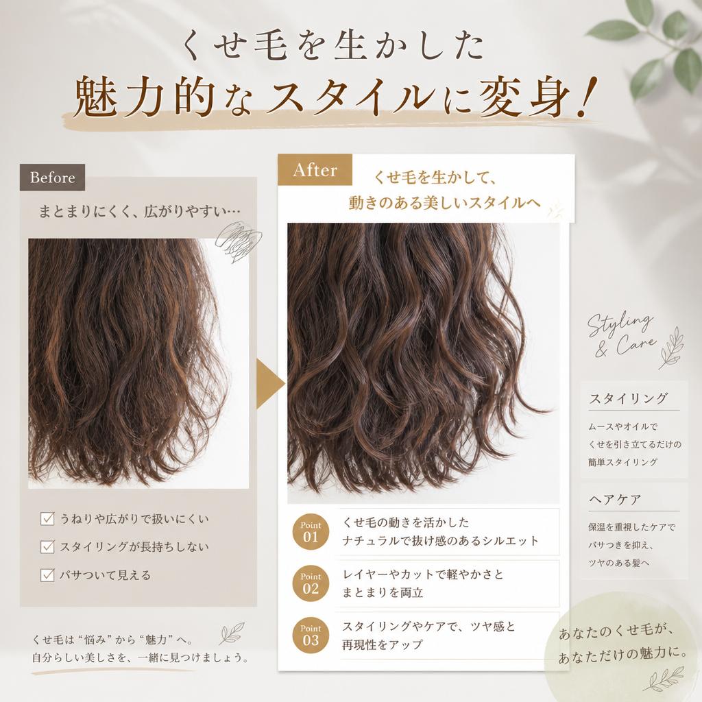 くせ毛を生かした魅力的なスタイルに変身！